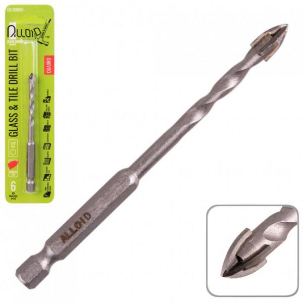 Alloid. Свердло по склу та кераміці QUADRO 12мм, хвостовик HEX 1/4", L=120mm (GB-20012)