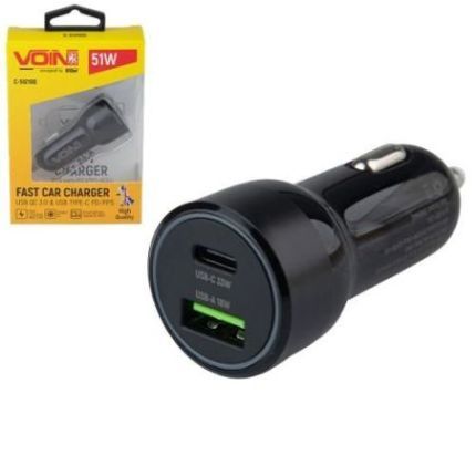 Автомобільний зарядний пристрій VOIN 51W, 1USB QC3.0 18W+1PD 33W, 12/24V