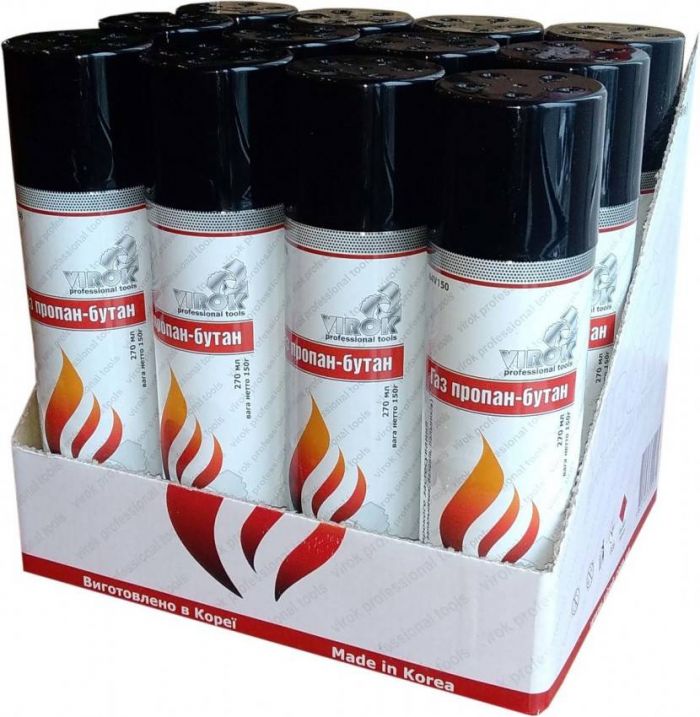 Балон газовий 1-разовий VIROK для запальничок 150g/270ml. (5 перехідників на кришці) [12 шт/уп]