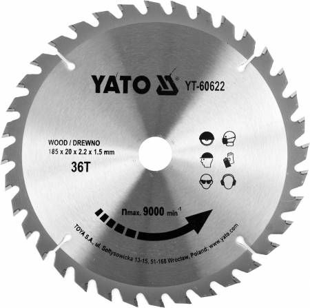 Диск пильний переможний по дереву YATO: 185x20x2.2x1.5 мм, 36 зубців, RPM до 9500 1/хв