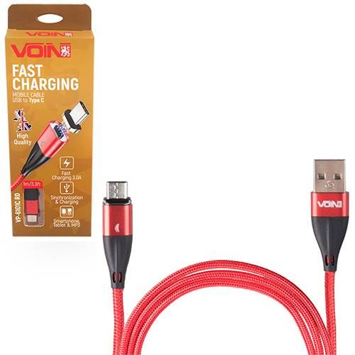 Кабель магнітний VOIN USB - Type C 3А, 1m, red (швидка зарядка / передача даних)