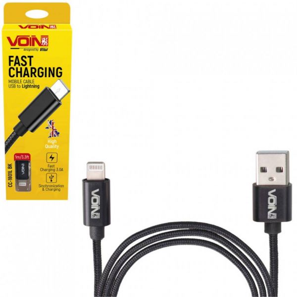 Кабель VOIN USB - Lightning 3А, 1m, black (швидка зарядка/передача даних)
