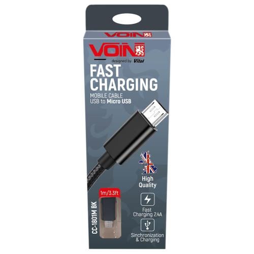 Кабель VOIN USB - Micro USB 3А, 1m, black (швидка зарядка/передача даних) (CC-1801M BK)