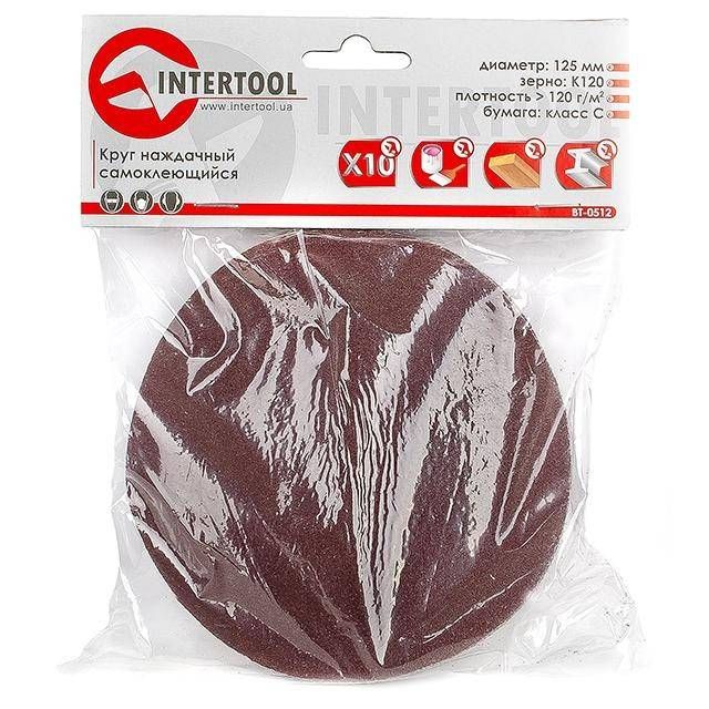 Круг наждаковий на липучці 125 мм, папір клас С, щільність 120 г/м², К120, 10 од. INTERTOOL BT-0512