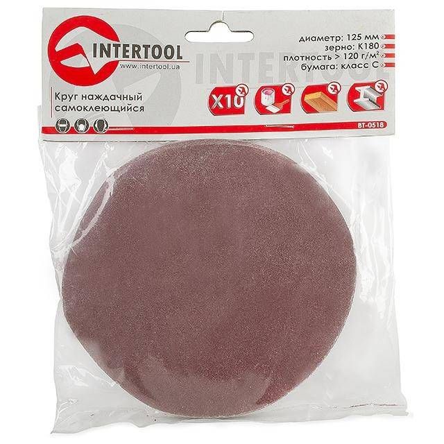 Круг наждаковий на липучці 125 мм, папір клас С, щільність 120 г/м², К180, 10 од. INTERTOOL BT-0518
