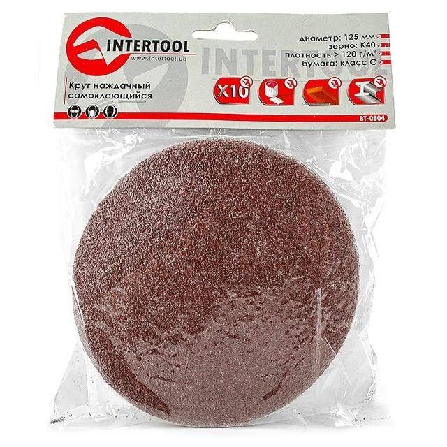 Круг наждаковий на липучці 125 мм, папір клас С, щільність 120 г/м², К40, 10 од. INTERTOOL BT-0504
