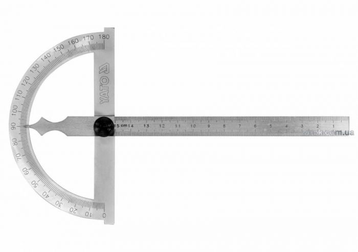 Кутомір- транспортир з лінійкою YATO; 120 х 150 мм, діапазони: кут- 0-180°, відстань- 0-150 мм