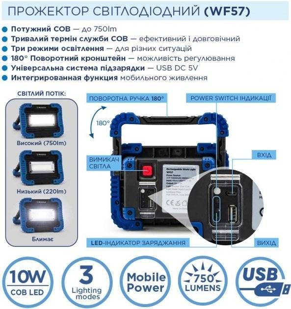 Ліхтар 15W COB LED WF57N + Мicro USB кабель в комплекті