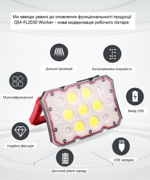 Ліхтар worklight  Quantum QM-FL2030 Worker  15W COB+LED з функ Power Bank