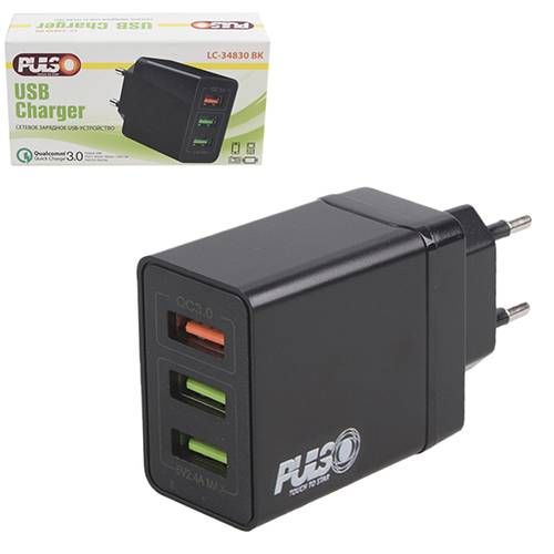 Мережевий зарядний пристрій PULSO 30W, 3 USB, QC3 (Port 1-5V*3A/9V*2A/12V*1.5A. Port 2/3-5V2.4A)