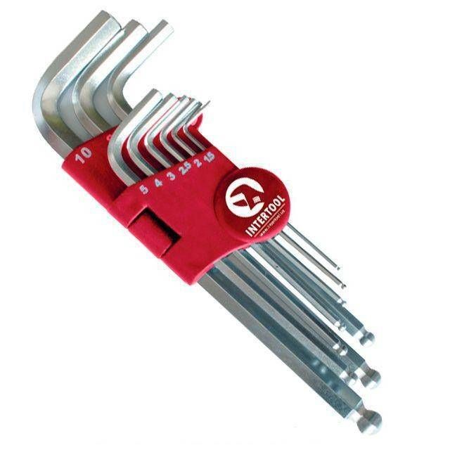 Набір ключів Г-подібних подовжених шестигранних з кулястим наконечником 9 шт, 1.5-10 мм, Cr-V, 55 HRC INTERTOOL HT-0603