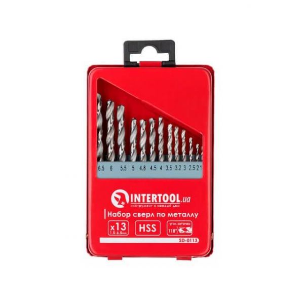 Набір свердел по металу HSS, 13 шт. (1,5-6,5 мм), полірована сталь INTERTOOL SD-0113