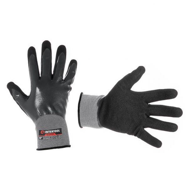 Рукавичка трикотажна з повним двошаровим нітриловим покриттям, базове гладке та пористе на долоні, синтетична, повітропроникна, 10", STORM INTERTOOL SP-0190