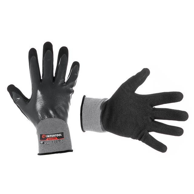 Рукавичка трикотажна з повним двошаровим нітриловим покриттям, базове гладке та пористе на долоні, синтетична, повітропроникна, 10", STORM INTERTOOL SP-0190