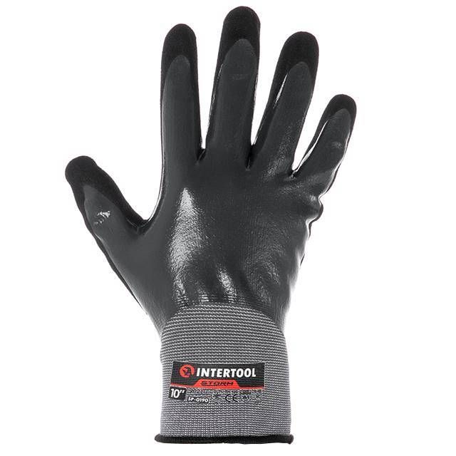 Рукавичка трикотажна з повним двошаровим нітриловим покриттям, базове гладке та пористе на долоні, синтетична, повітропроникна, 10", STORM INTERTOOL SP-0190
