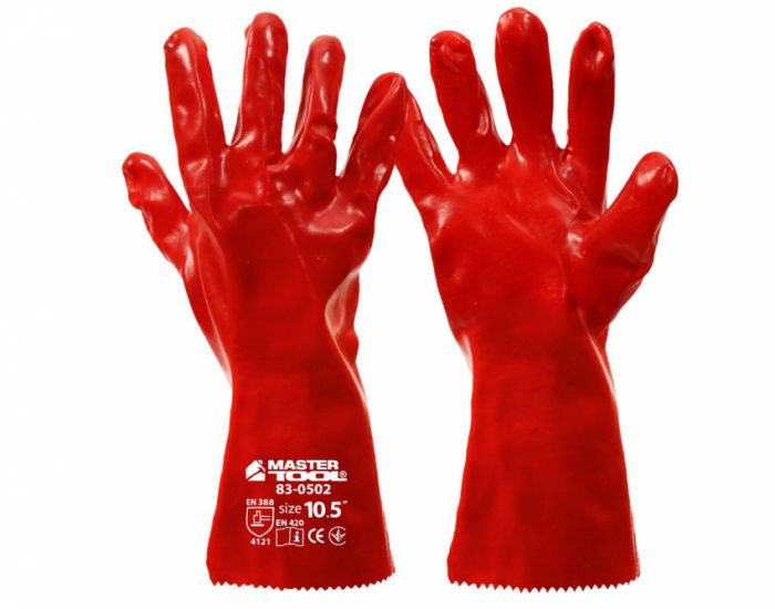 Рукавички кислотостійкі MASTERTOOL бавовняний трикотаж повне ПВХ покриття манжет крага 350 мм 10.5" 185-190 г червоні 83-0502