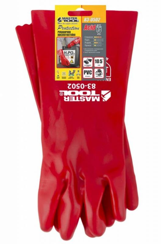 Рукавички кислотостійкі MASTERTOOL бавовняний трикотаж повне ПВХ покриття манжет крага 350 мм 10.5" 185-190 г червоні 83-0502