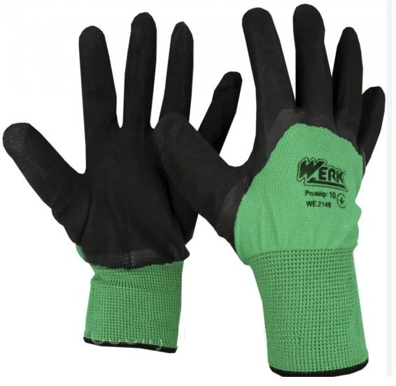 Рукавички полiестер, зелений колiр, латексне покриття (чорне), оверлок на манжетi чорного кольору, р.10  WERK (WE2148) 118786