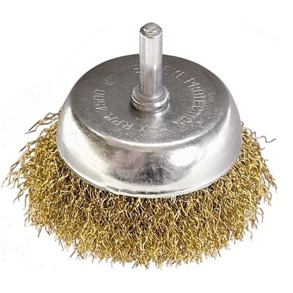 Щітка "чашка" зі шпилькою для дриля 65 мм, латунний кручений дріт, MTX