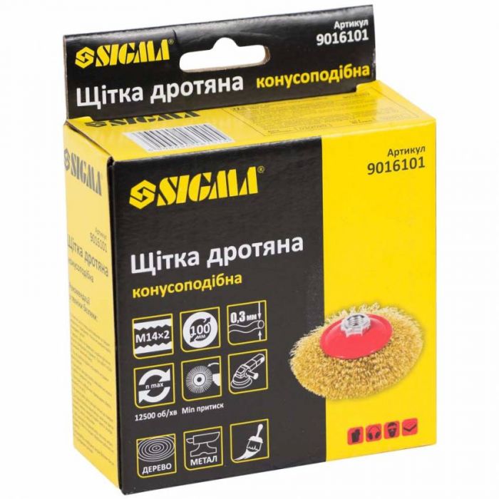Щітка дротяна конусоподібна Ø100мм М14×2мм (латунована) Sigma (9016101)