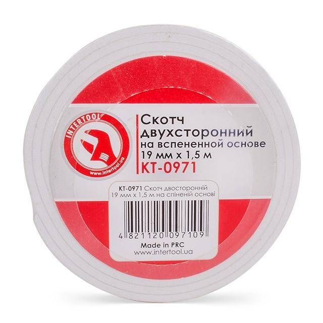 Скотч двосторонній 19 мм * 1.5 м на спіненій основі INTERTOOL KT-0971