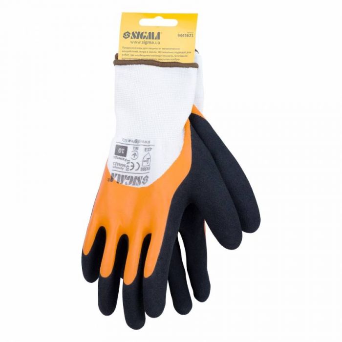 Рукавички трикотажні з подвійним латексним покриттям р10 (жовто-чорний манжет) Sigma (9445621)