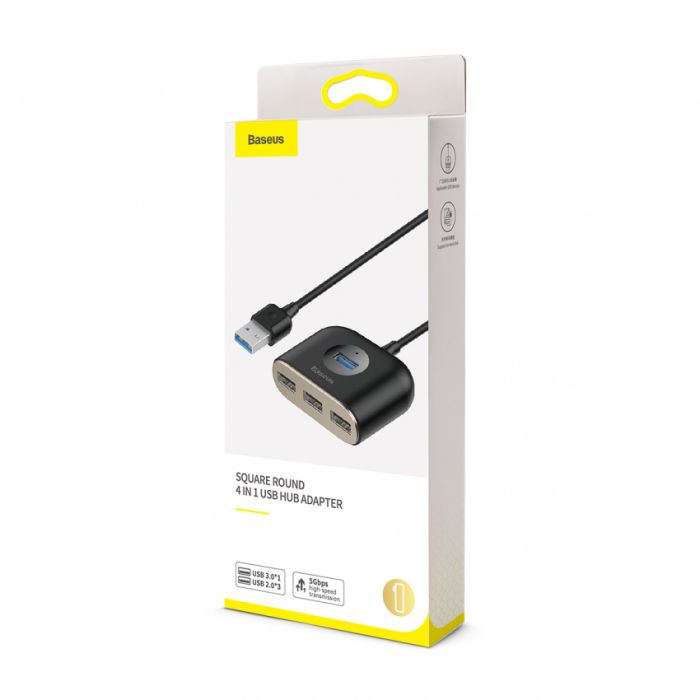 USB Hub Baseus Square Round 4 in 1 USB3.0 to USB3.0*1 + USB2.0*3 Чорний (CAHUB-AY01)